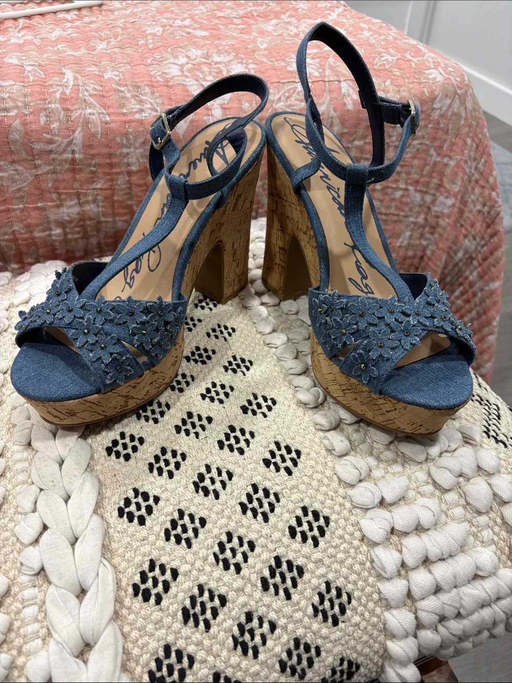 American Rag Denim Floral Cork Platform Sandals - Blue